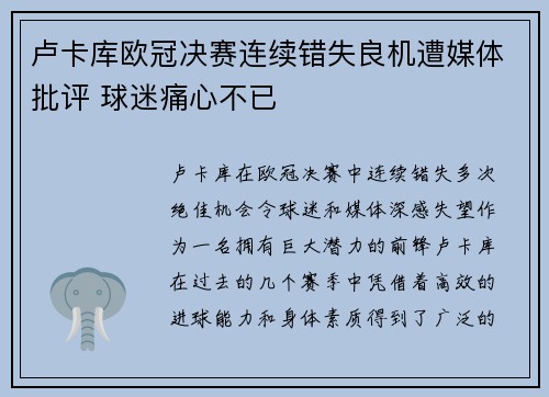 卢卡库欧冠决赛连续错失良机遭媒体批评 球迷痛心不已