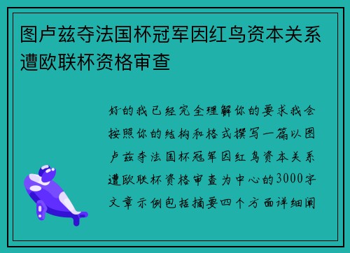 图卢兹夺法国杯冠军因红鸟资本关系遭欧联杯资格审查